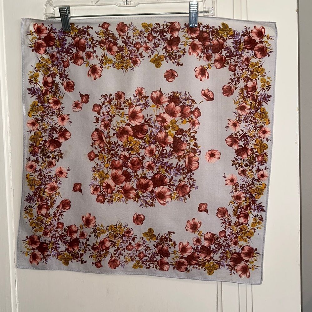Vintage gray cotton square scarf with pink, purple & gold floral pattern